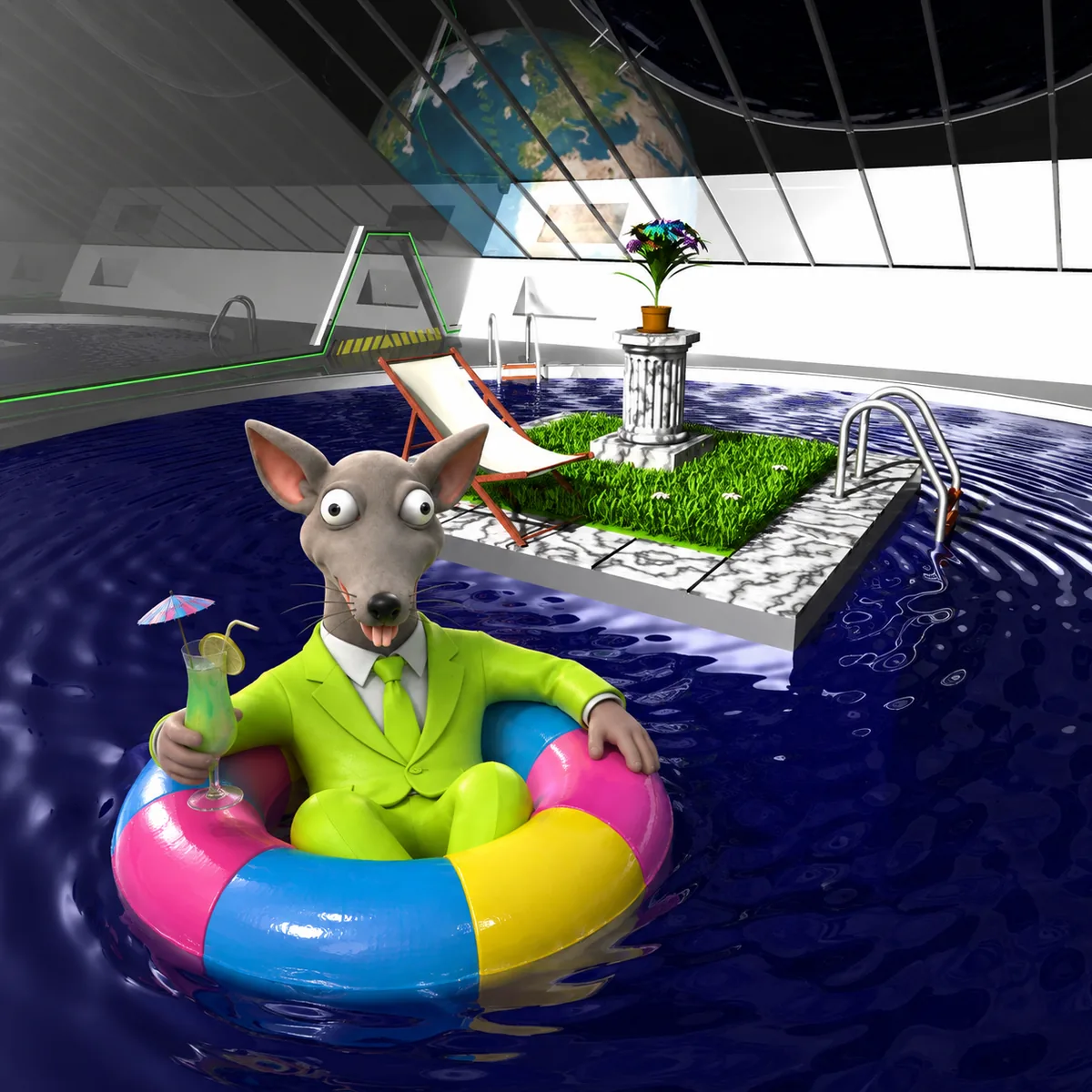 Market Mouse floating in a pool in his suit
